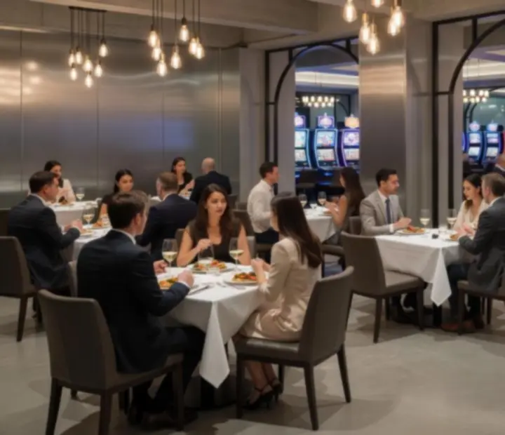 Večera u casino restoranu uz pogled na elegantan casino prostor i ambijentalna svjetla.