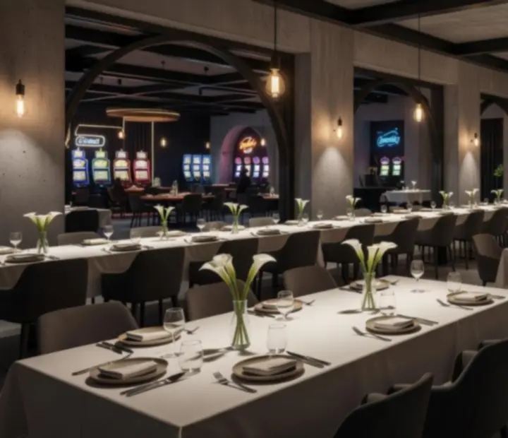 Casino restoran Seafarers s industrijskim loft interijerom pripremljen za događanje.