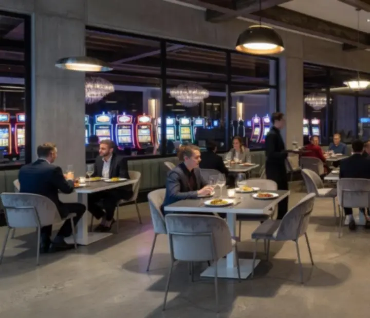 Loft casino restoran s modernim industrijskim interijerom i diskretnom rasvjetom.